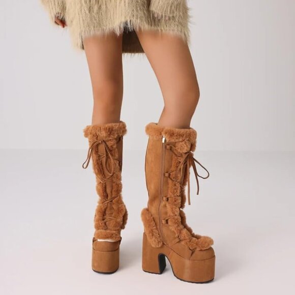 ⚡Women Chestnut02 Synthetic Mid Calf Lace Up Chunky High Heel Warm Fur Snow Boot - Picture 4 of 6